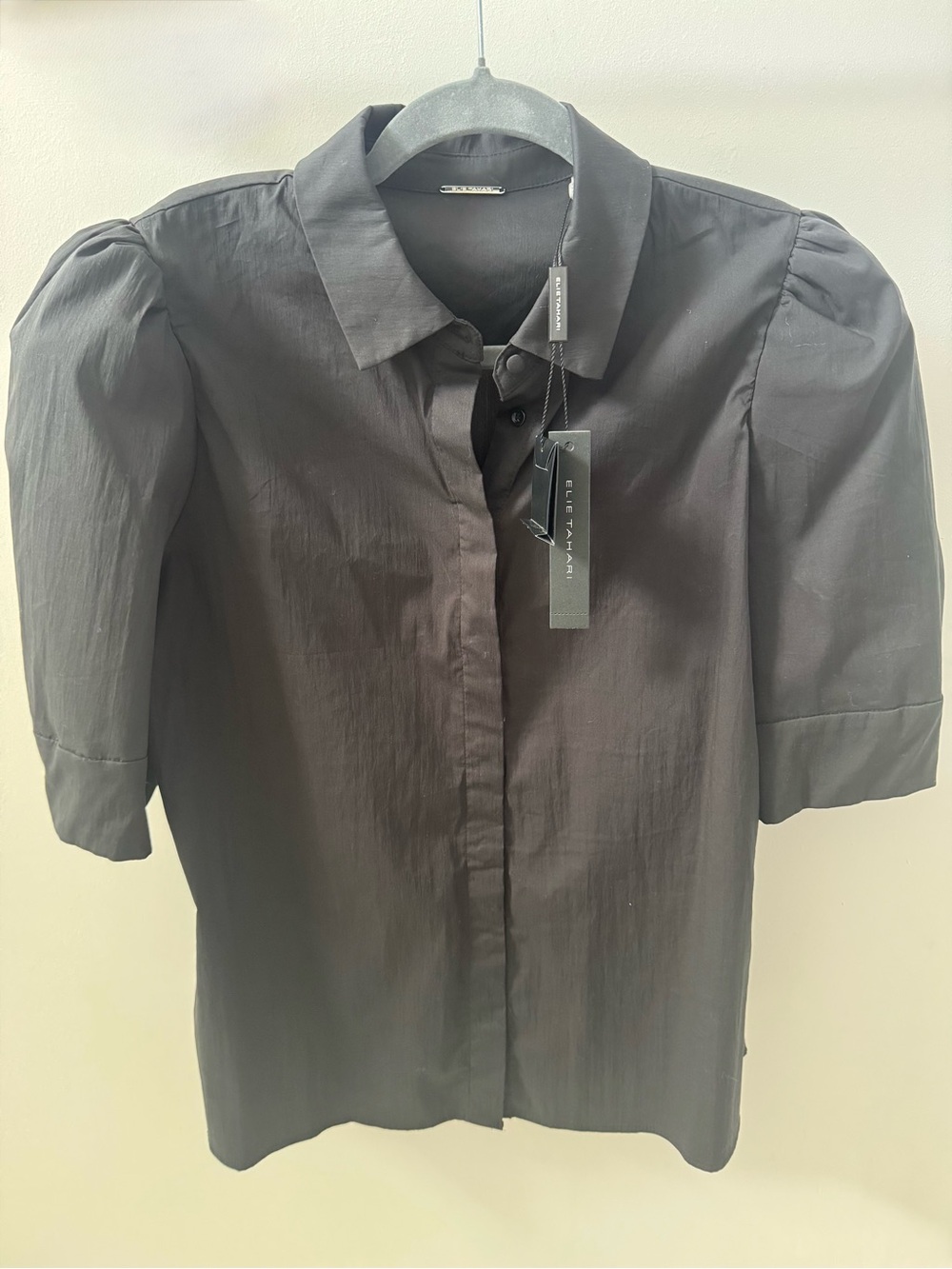 Elie Tahari Black Short-Sleeve Puff-Shoulder Button-Up Shirt